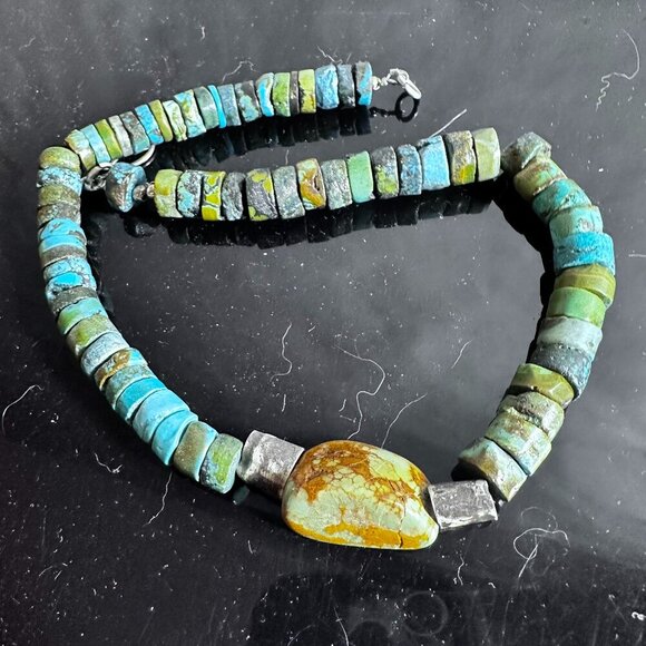 Crescent Valley Hubei Turquoise Choker Necklace Sterling Silver Handmade Tribal